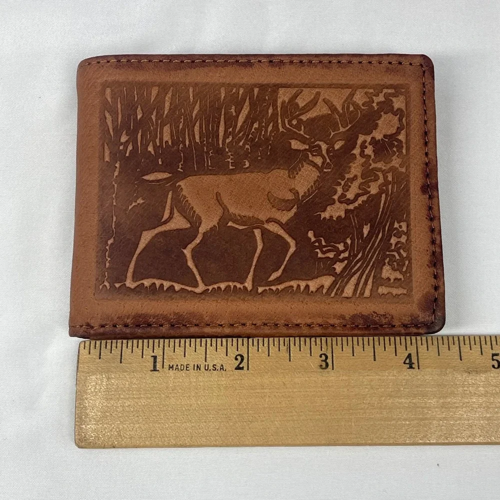 John Weitz VTG Full Grain Leather Bifold Wallet Embossed Deer Brown Billfold NOS